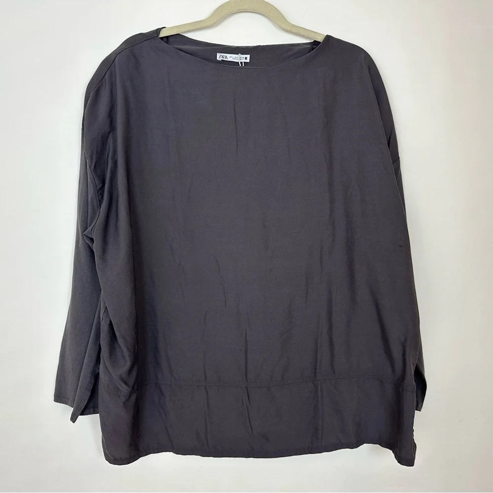Zara Blouse Top Women's L Gray Classic Boat Neck Long Sleeve Side Split Pullover